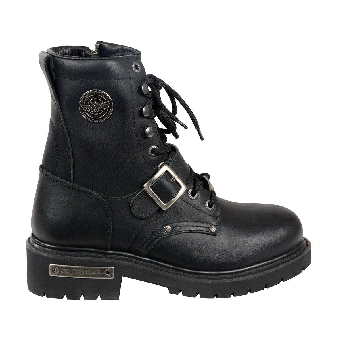 Men's Black Leather Lace-Up Engineer Motorcycle Boots With Buckles