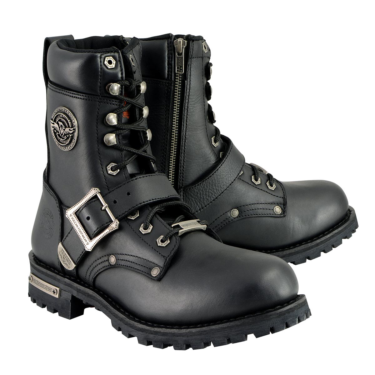Men's Black Leather Lace-Up Engineer Motorcycle Boots With Buckles