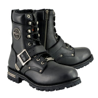 Men's Black Leather Lace-Up Engineer Motorcycle Boots With Buckles