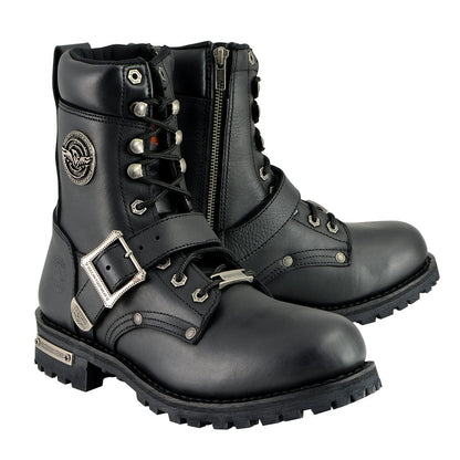 Men's Black Leather Lace-Up Engineer Motorcycle Boots With Buckles