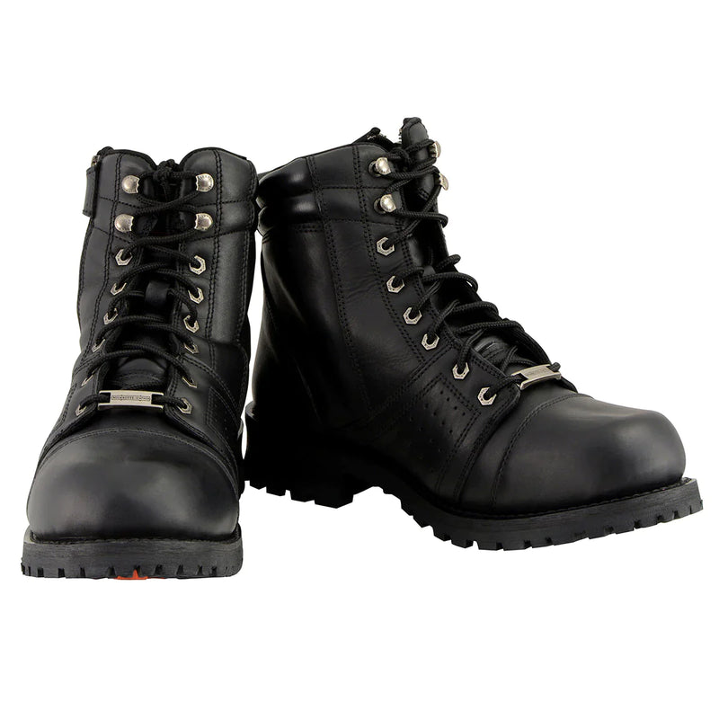 Men's Black Lace-Up 'Wide-Width' Motorcycle Leather Boots with Side Zipper Entry