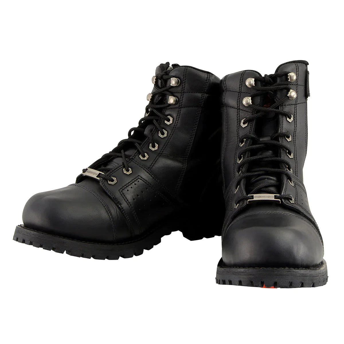 Men's Black Lace-Up 'Wide-Width' Motorcycle Leather Boots with Side Zipper Entry