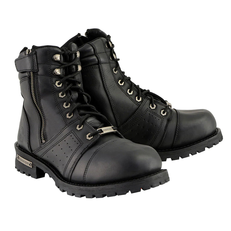 Men's Black Lace-Up Motorcycle Riding Leather Boots with Side Zipper Entry