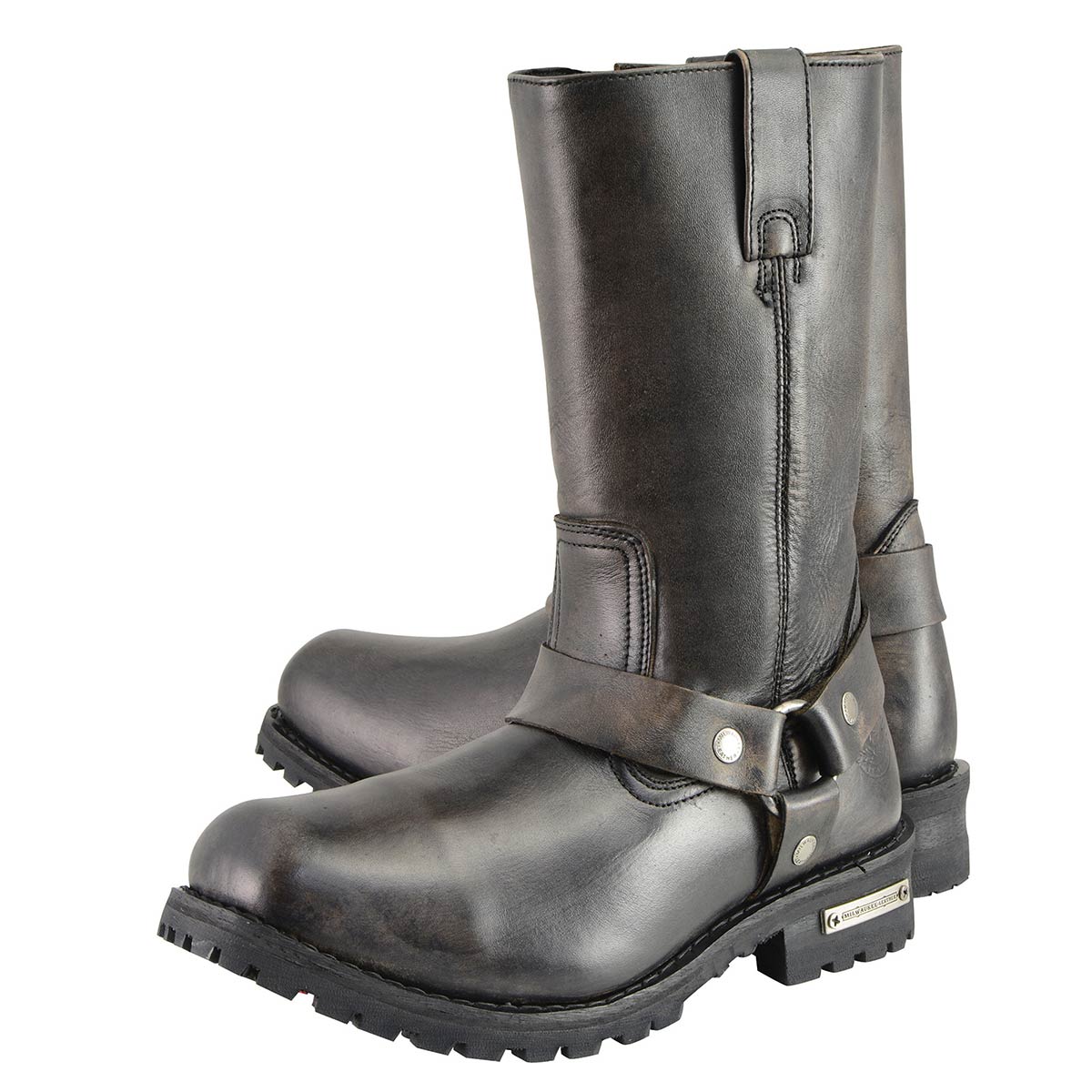 Distressed Brown 11-inch Square Toe Harness Motorcycle Boots Wide Width