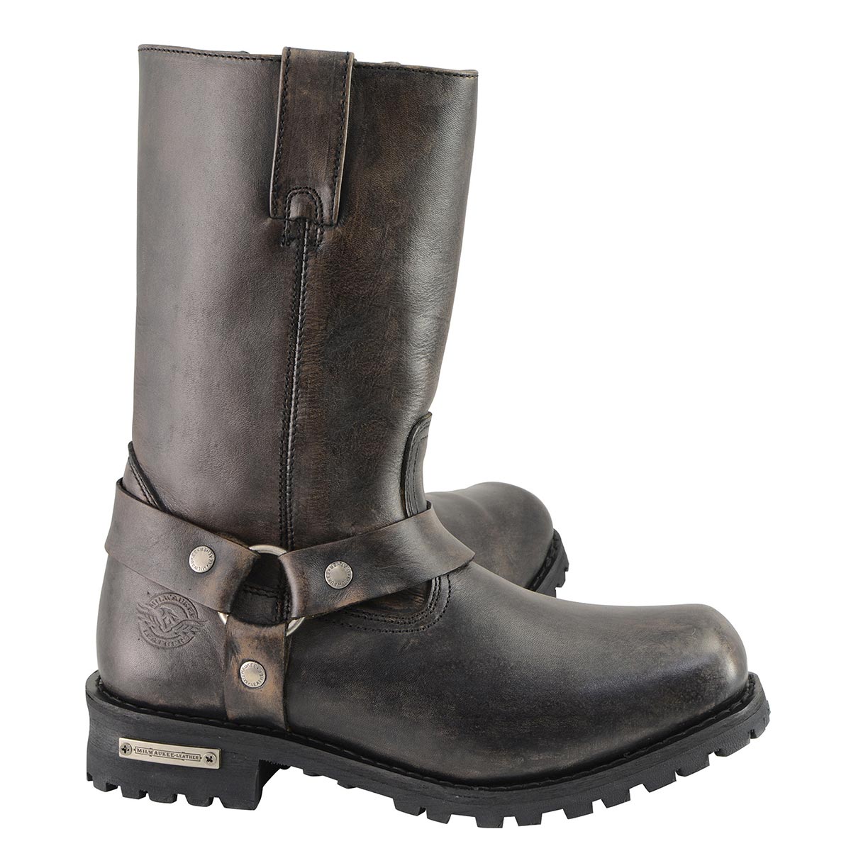 Distressed Brown 11-inch Square Toe Harness Motorcycle Boots Wide Width
