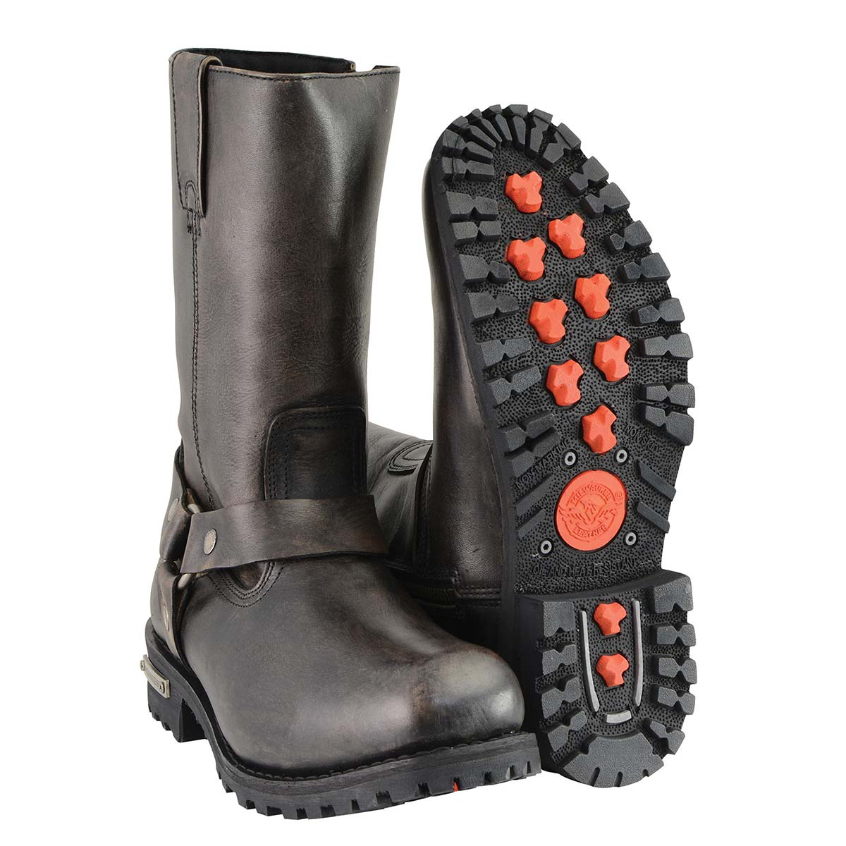 Distressed Brown 11-inch Square Toe Harness Motorcycle Boots Wide Width