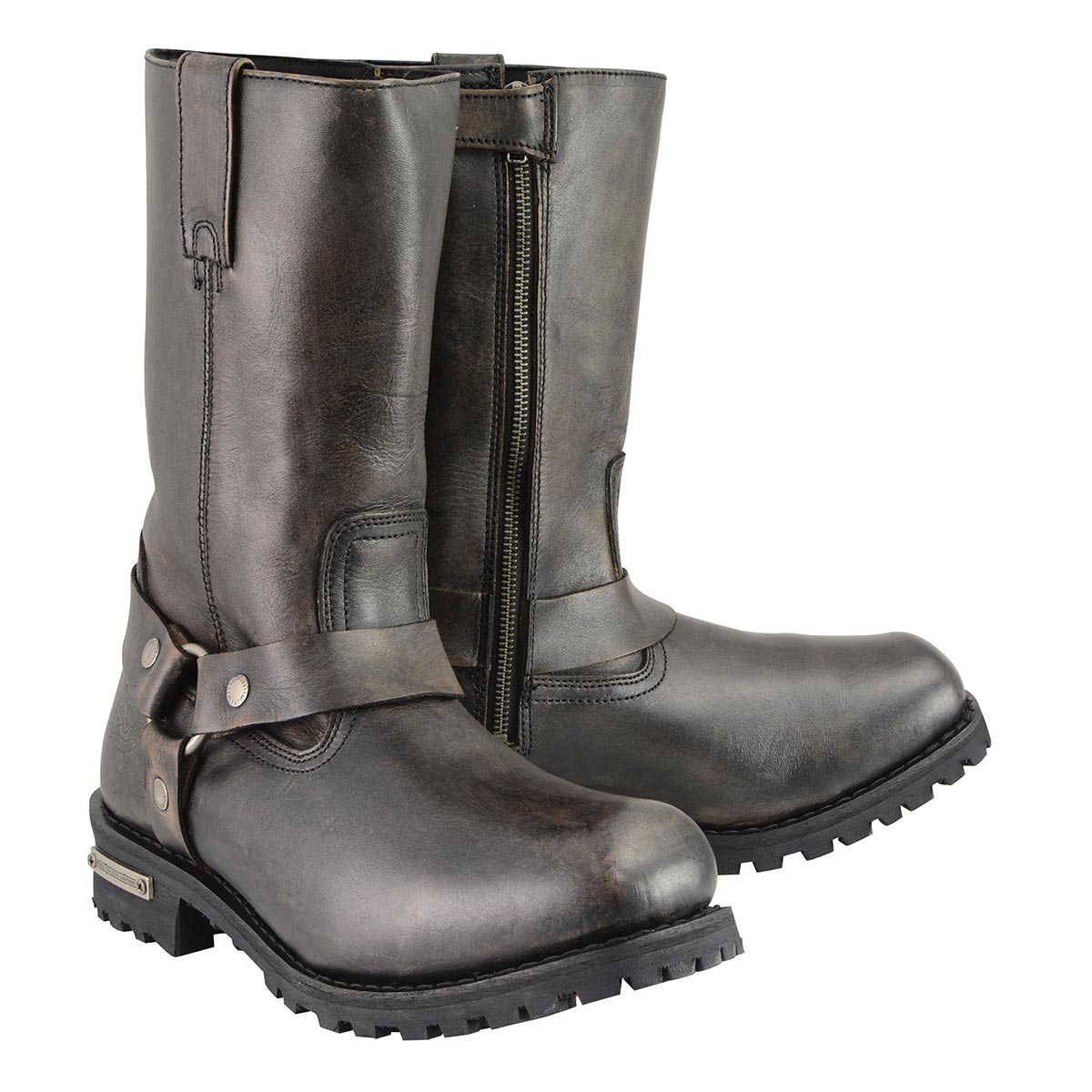 Distressed Brown 11-inch Square Toe Harness Motorcycle Boots Wide Width