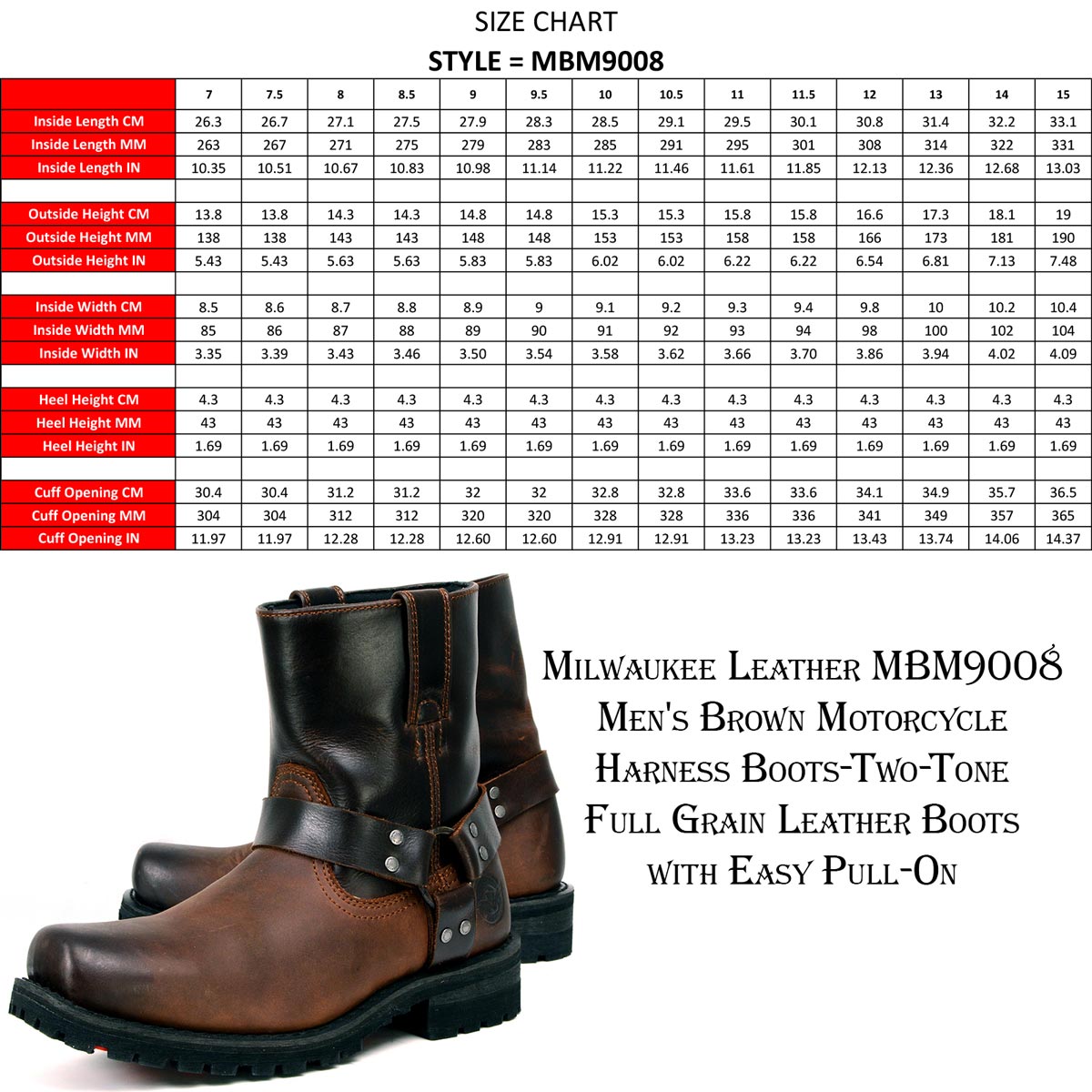 MBM9008 Men's Motorcycle Harness Boots Full Grain Leather Brown
