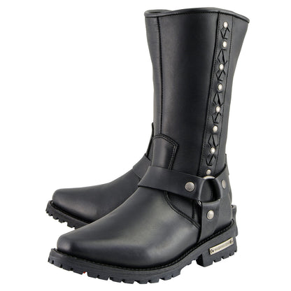 11 Inch Leather Harness Motorcycle Boots, Black Western Style