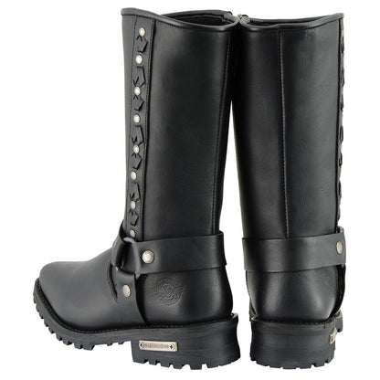 11 Inch Leather Harness Motorcycle Boots, Black Western Style