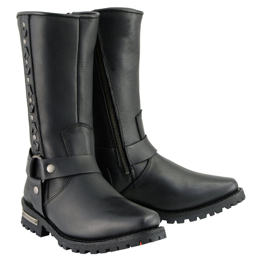 11 Inch Leather Harness Motorcycle Boots, Black Western Style