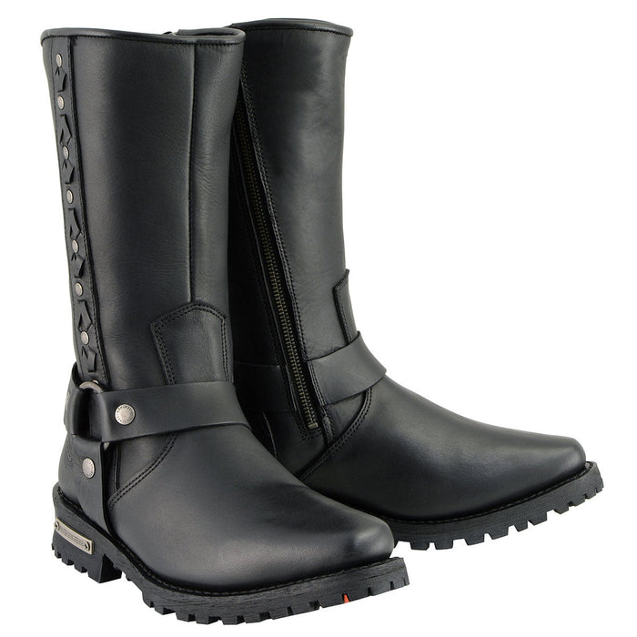 11 Inch Leather Harness Motorcycle Boots, Black Western Style
