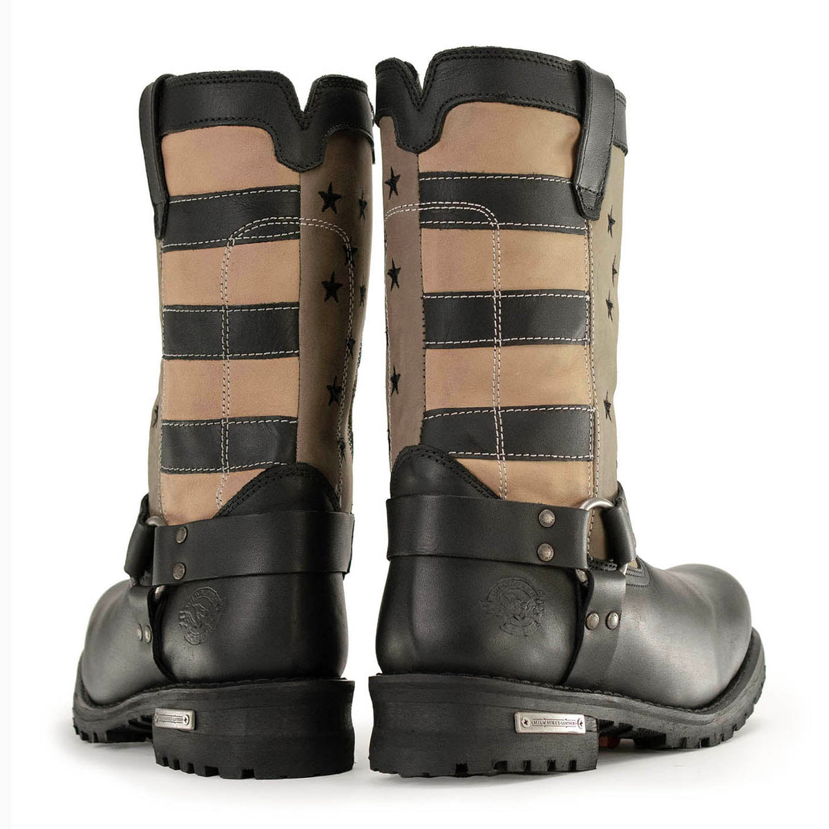 Men's Stars and Stripes Motorcycle Harness Boots Distressed Brown