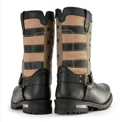 Men's Stars and Stripes Motorcycle Harness Boots Distressed Brown