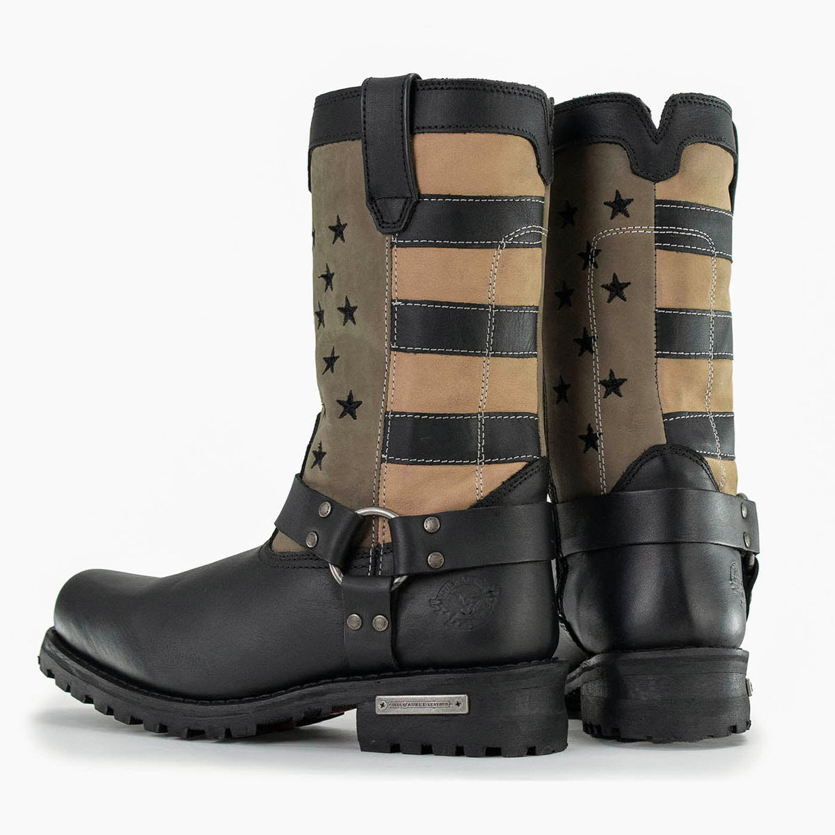 Men's Stars and Stripes Motorcycle Harness Boots Distressed Brown