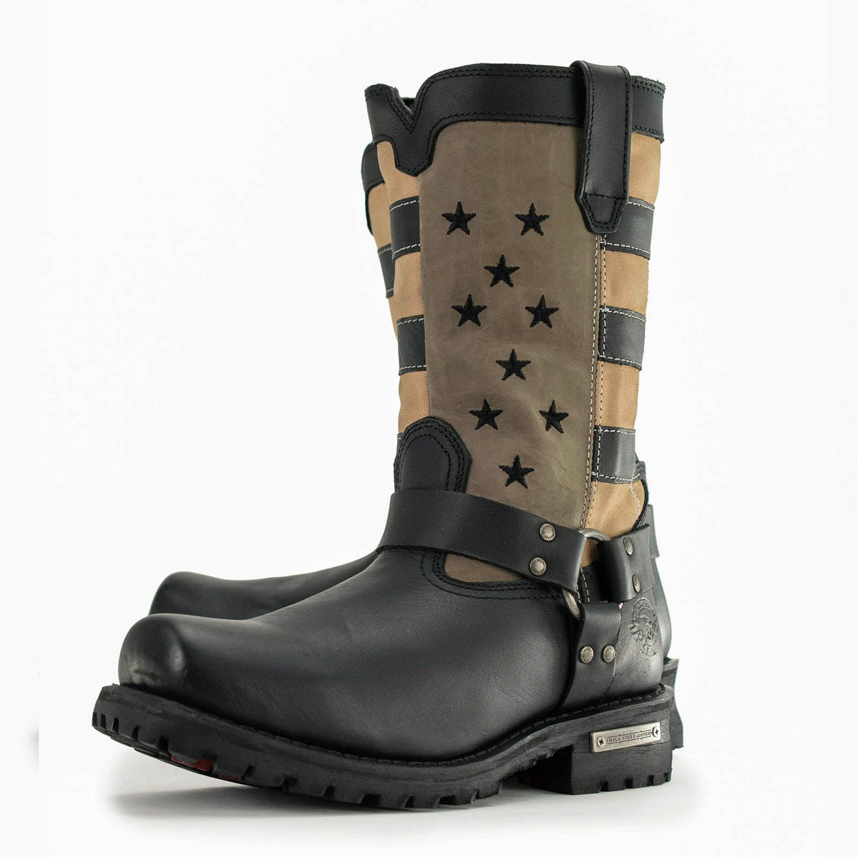 Men's Stars and Stripes Motorcycle Harness Boots Distressed Brown