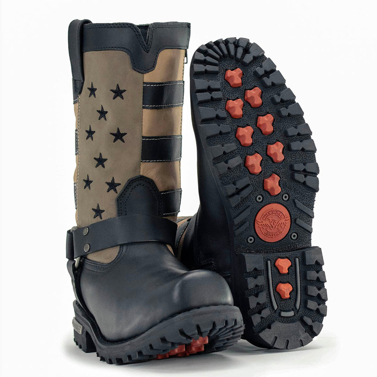 Men's Stars and Stripes Motorcycle Harness Boots Distressed Brown