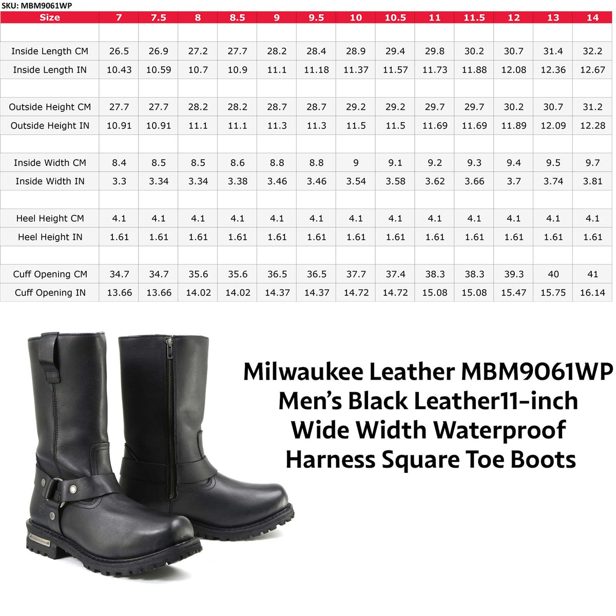 11-inch Waterproof Harness Motorcycle Boots Wide Width Square Toe Black