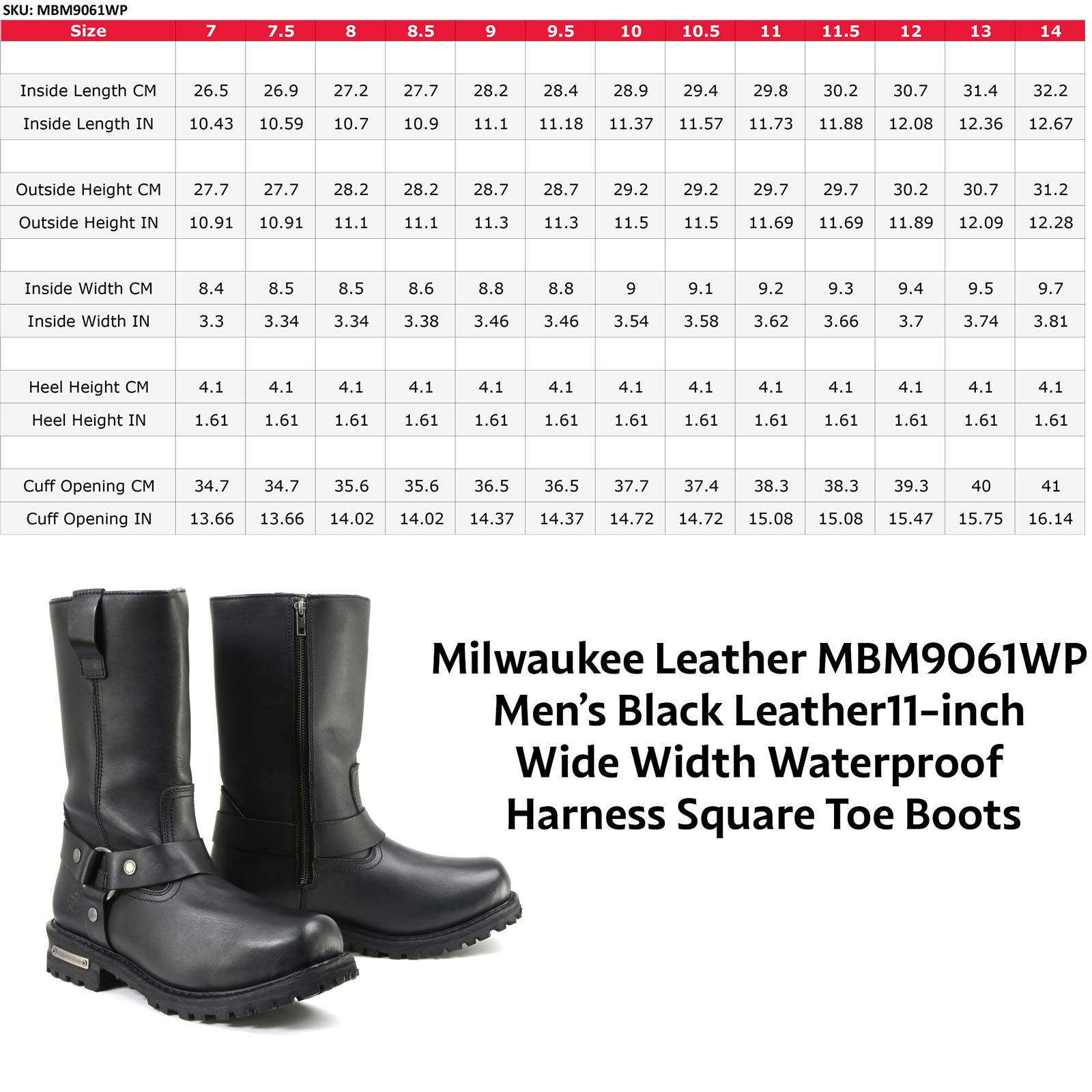 11-inch Waterproof Harness Motorcycle Boots Wide Width Square Toe Black