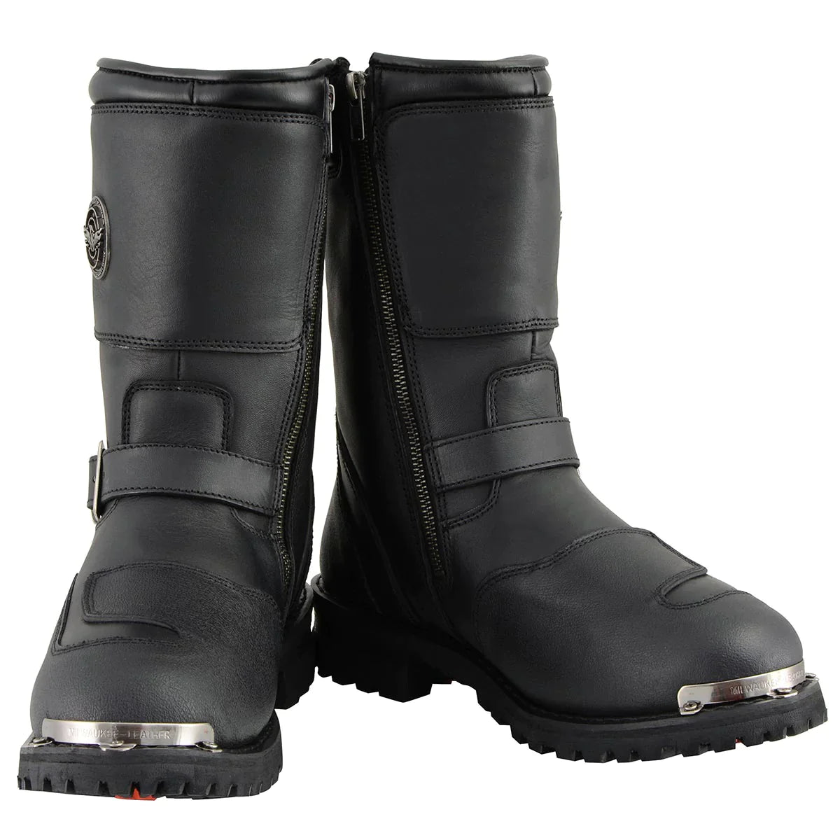 Men's Black Leather Engineer Boots with Reflective Piping and Gear Shift Protection