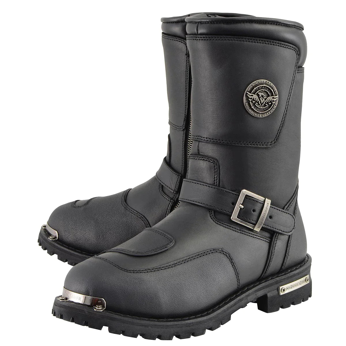 Men's Black Leather Engineer Boots with Reflective Piping and Gear Shift Protection