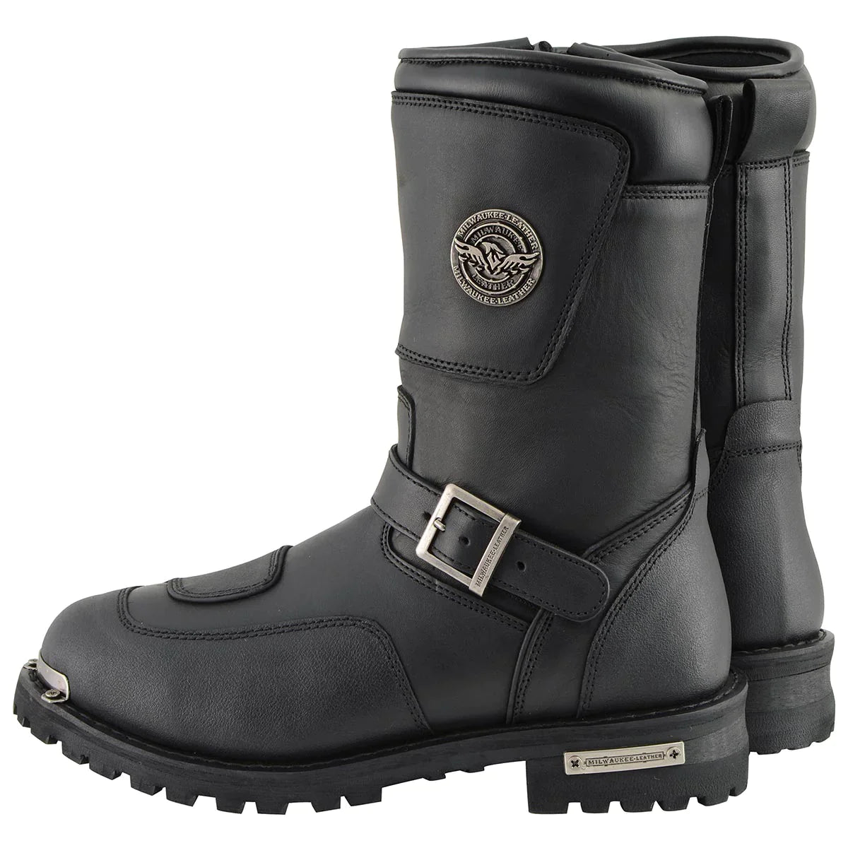 Men's Black Leather Engineer Boots with Reflective Piping and Gear Shift Protection