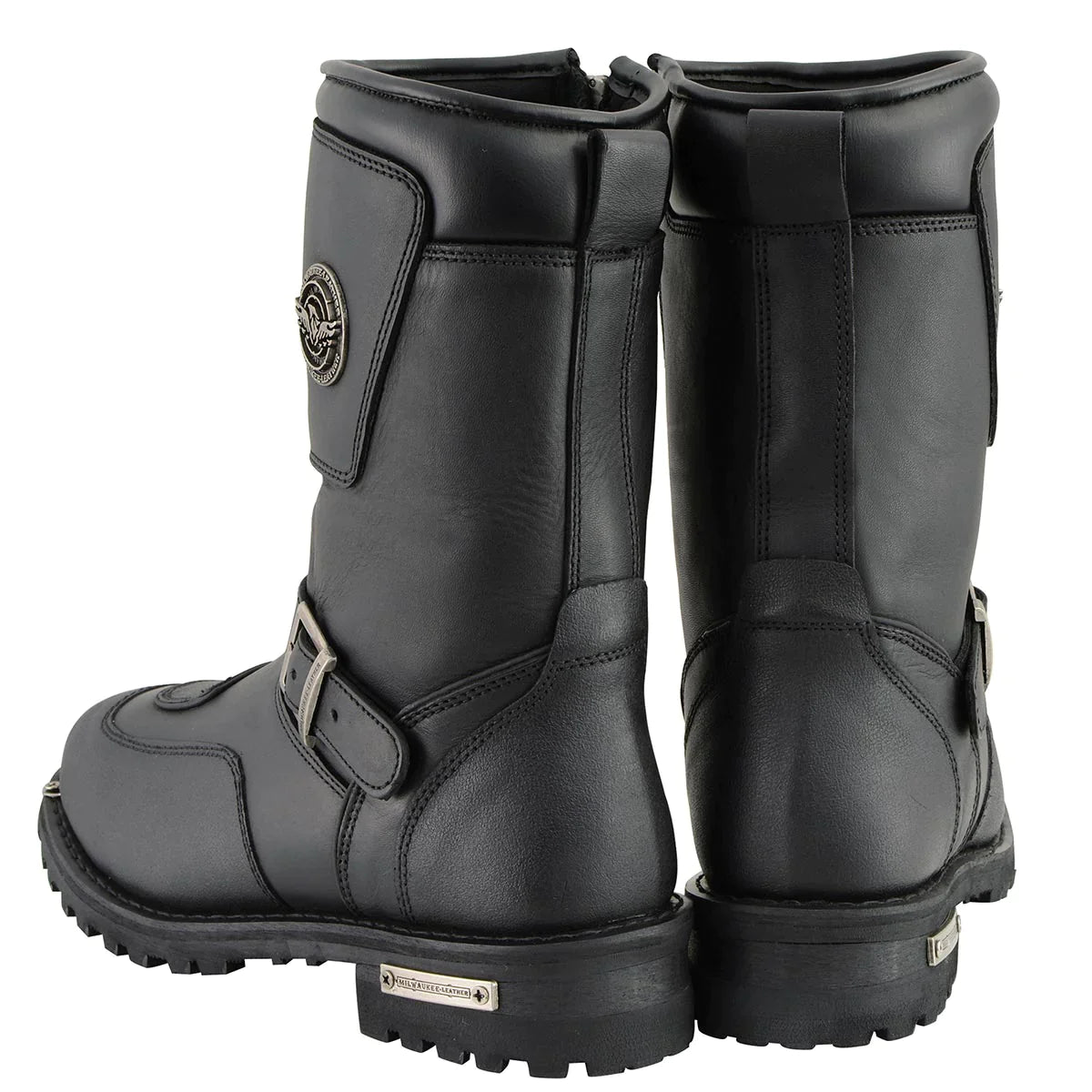 Men's Black Leather Engineer Boots with Reflective Piping and Gear Shift Protection
