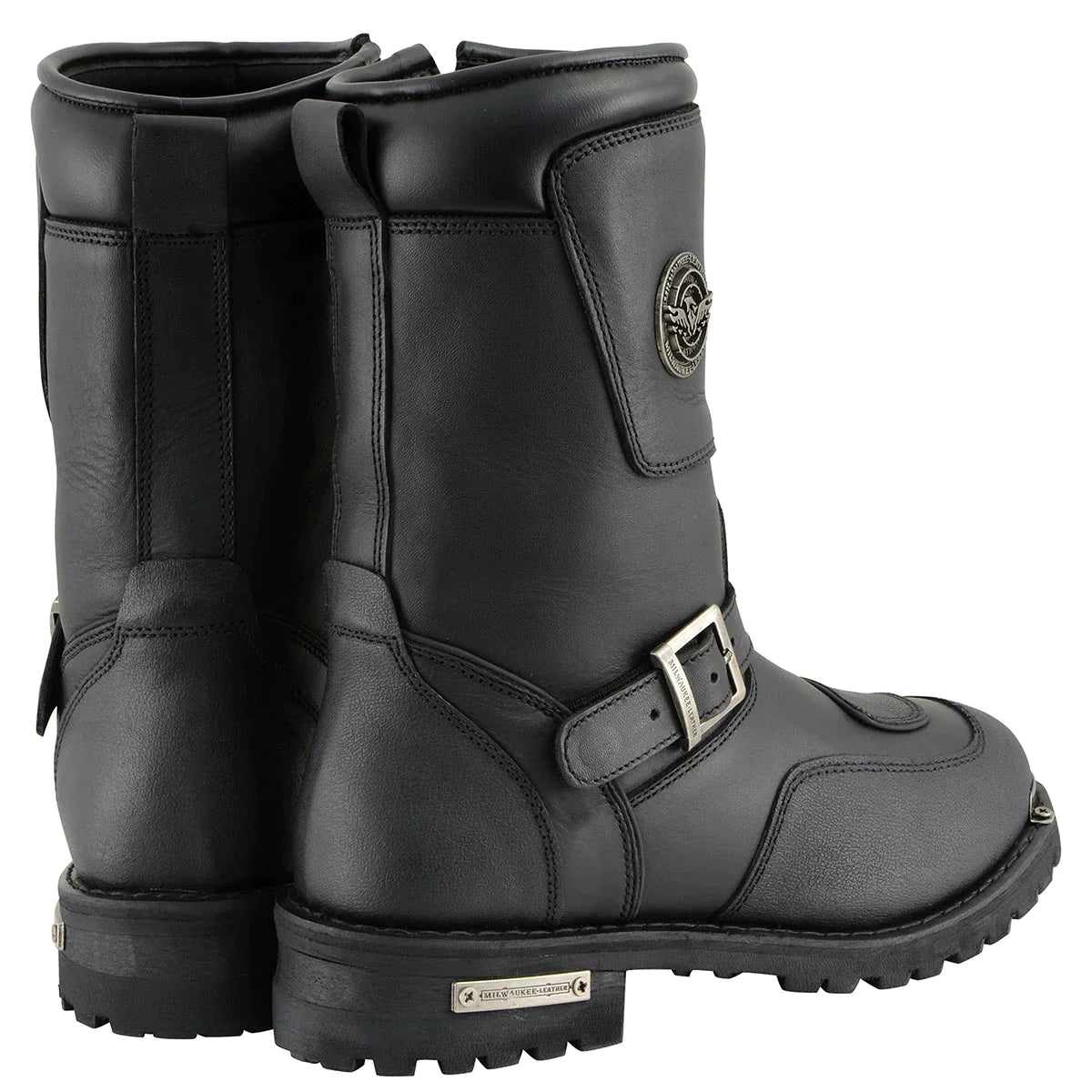 Men's Black Leather Engineer Boots with Reflective Piping and Gear Shift Protection