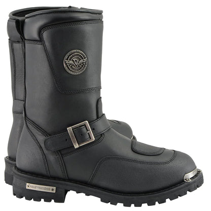 Men's Black Leather Engineer Boots with Reflective Piping and Gear Shift Protection