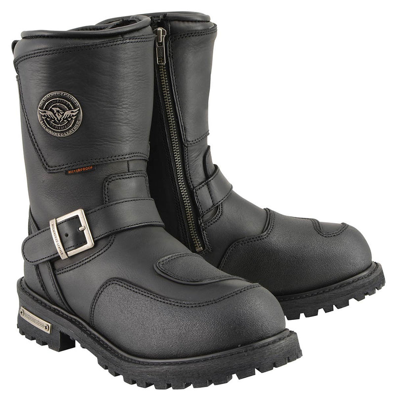 Men's Black 'Wide Width' 9-inch Waterproof Engineer Leather Boots with Reflective Piping