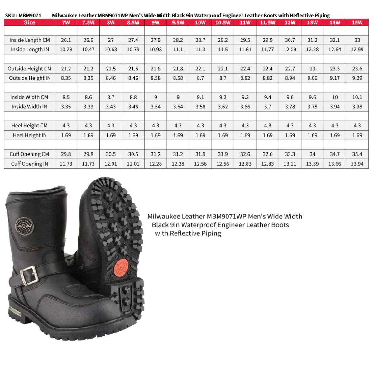 Men's Black 'Wide Width' 9-inch Waterproof Engineer Leather Boots with Reflective Piping