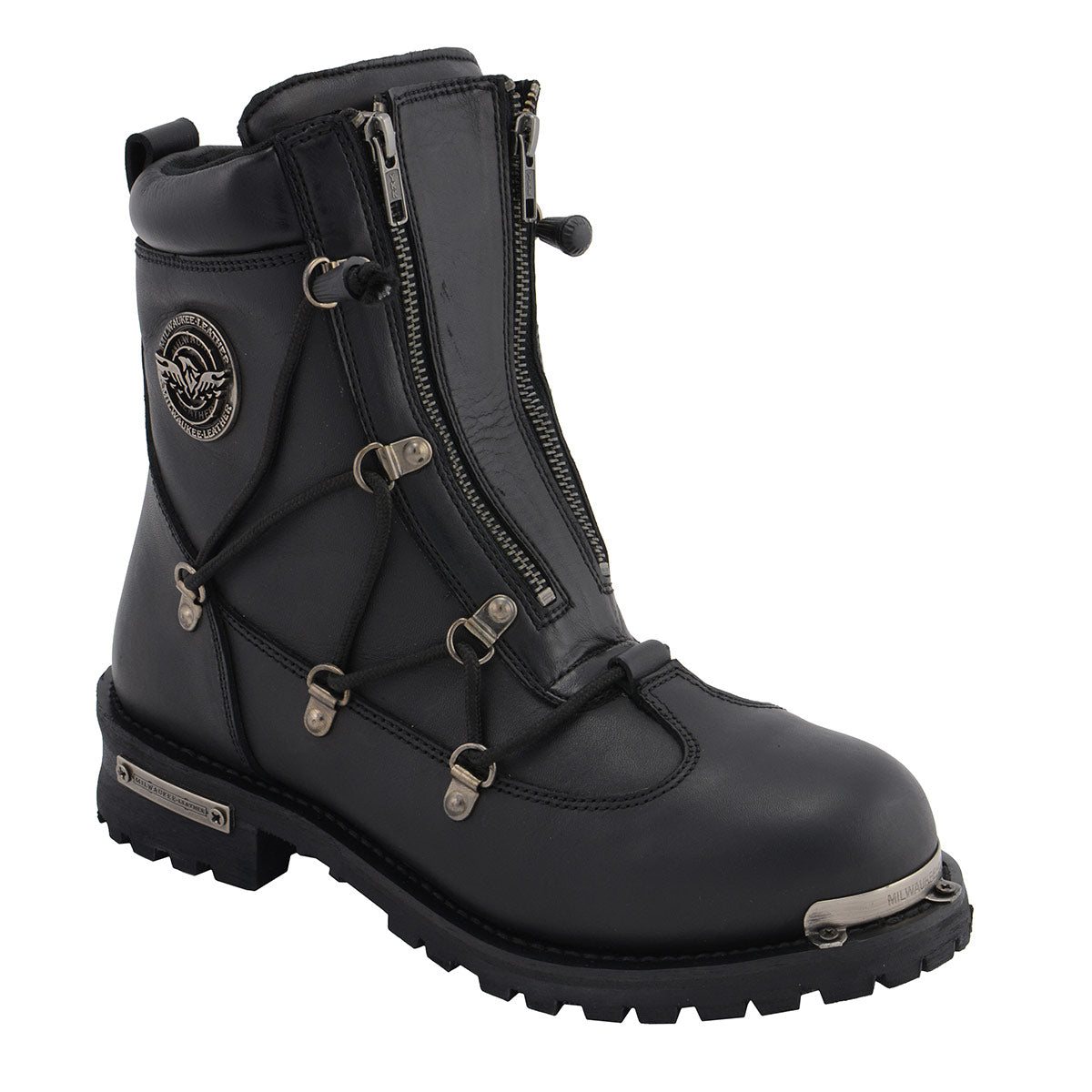 MBM9075 6-inch Plain Toe Dual Zipper Leather Motorcycle Boots Black