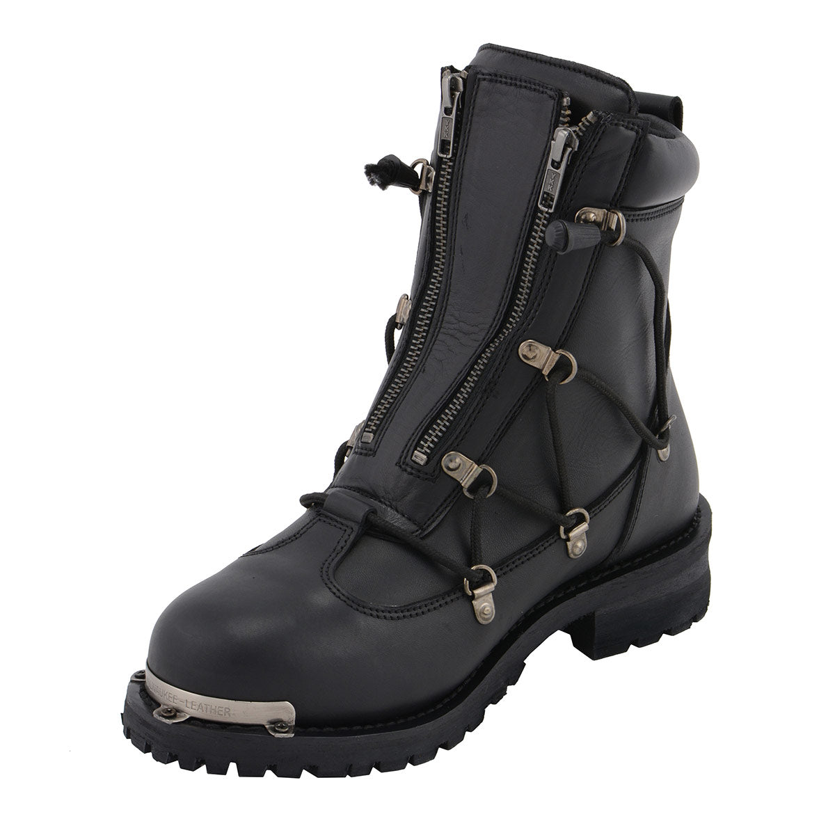 MBM9075 6-inch Plain Toe Dual Zipper Leather Motorcycle Boots Black