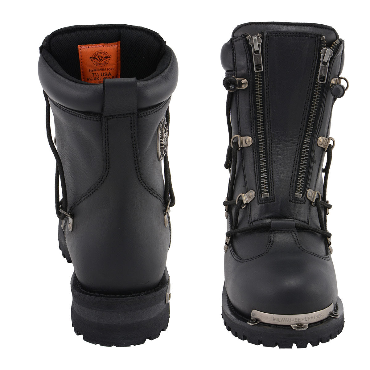 MBM9075 6-inch Plain Toe Dual Zipper Leather Motorcycle Boots Black
