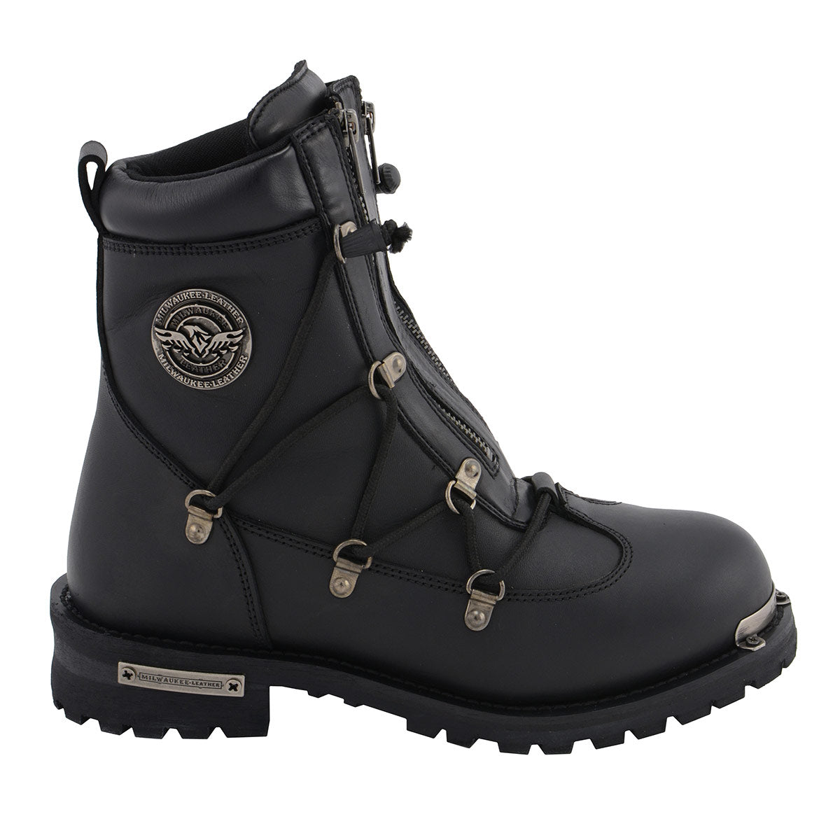 MBM9075 6-inch Plain Toe Dual Zipper Leather Motorcycle Boots Black