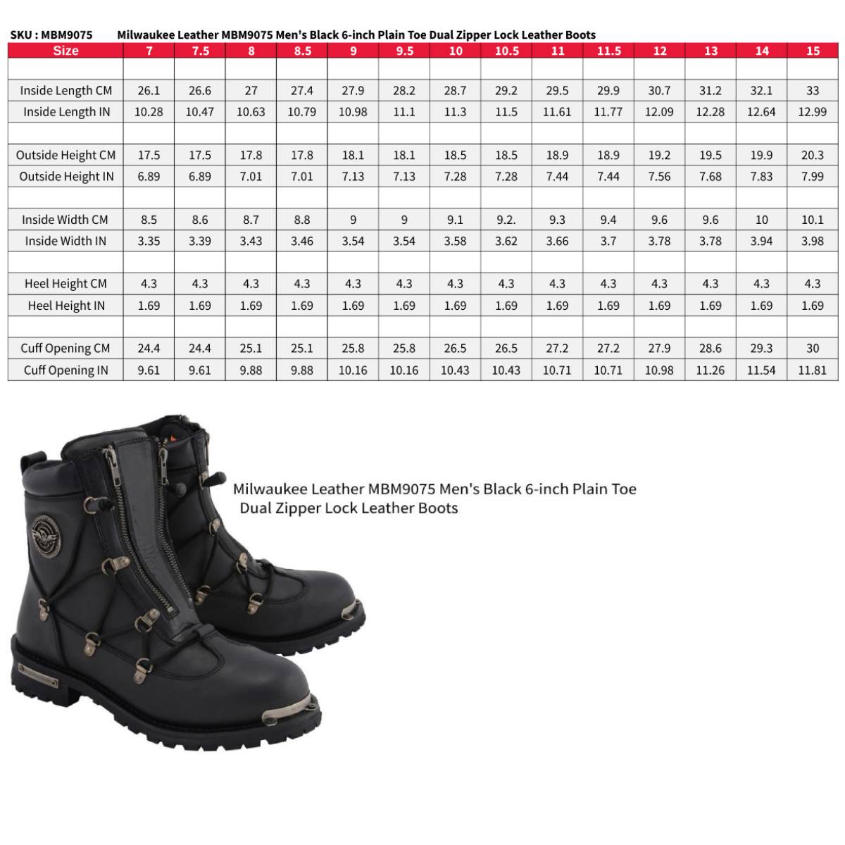 MBM9075 6-inch Plain Toe Dual Zipper Leather Motorcycle Boots Black