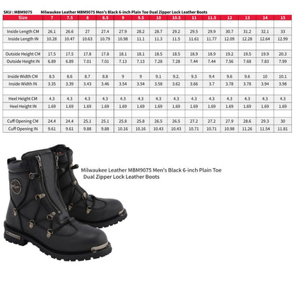 MBM9075 6-inch Plain Toe Dual Zipper Leather Motorcycle Boots Black
