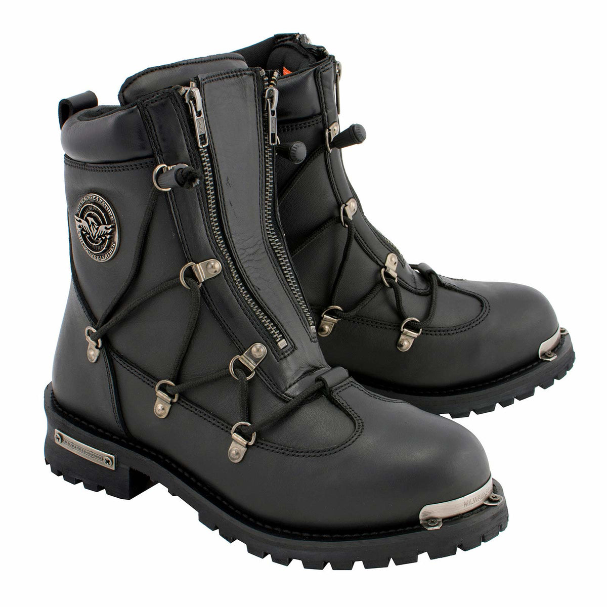 MBM9075 6-inch Plain Toe Dual Zipper Leather Motorcycle Boots Black