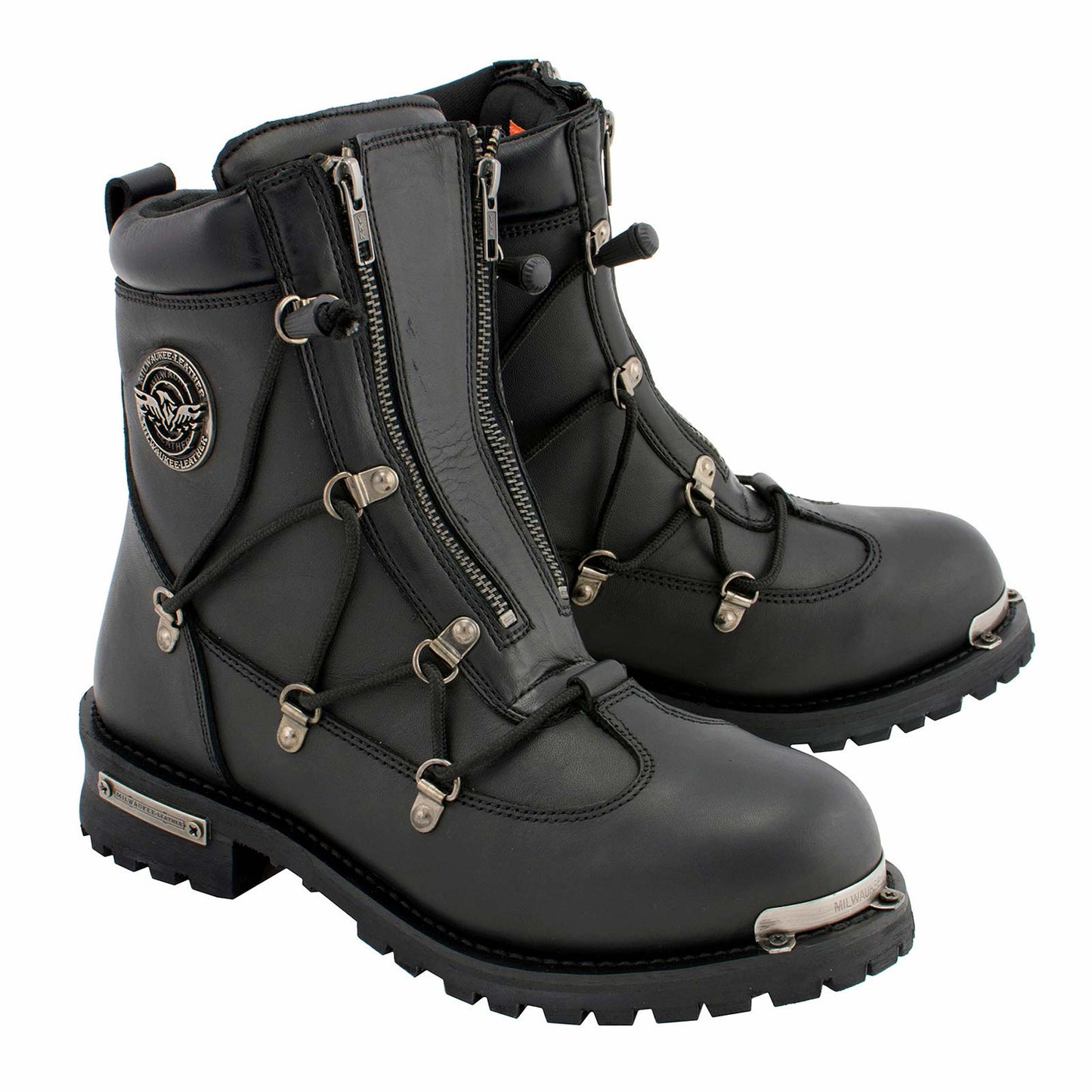 MBM9075 6-inch Plain Toe Dual Zipper Leather Motorcycle Boots Black