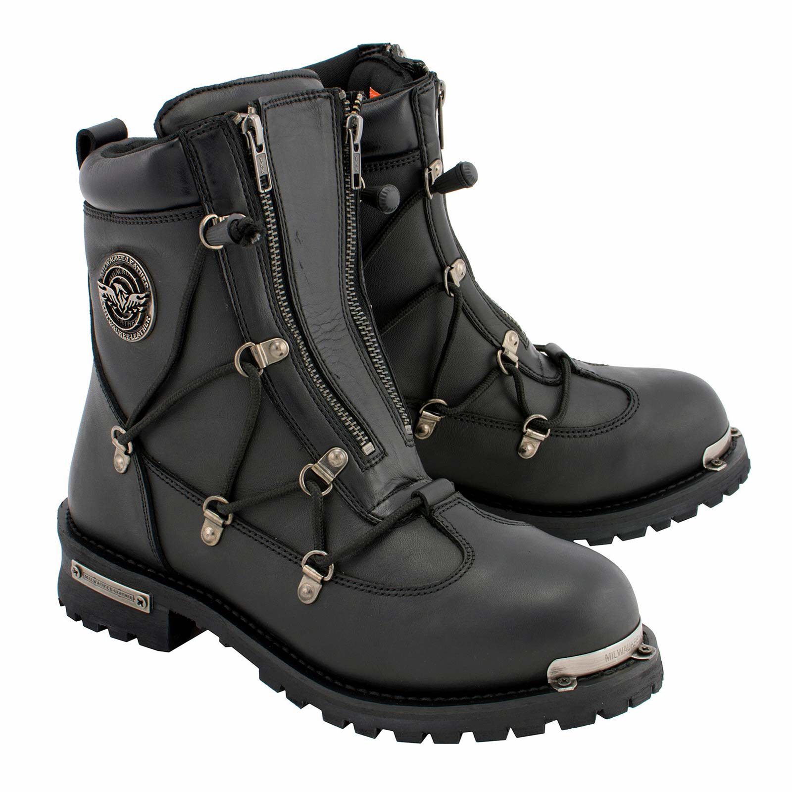 MBM9075 6-inch Plain Toe Dual Zipper Leather Motorcycle Boots Black