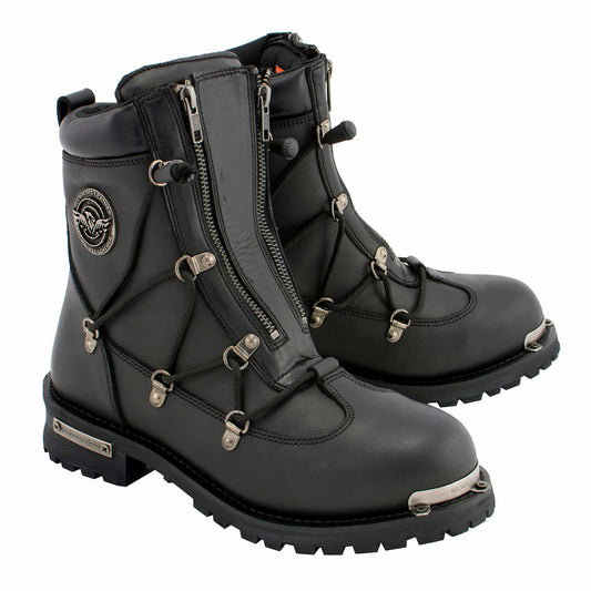 MBM9075 6-inch Plain Toe Dual Zipper Leather Motorcycle Boots Black