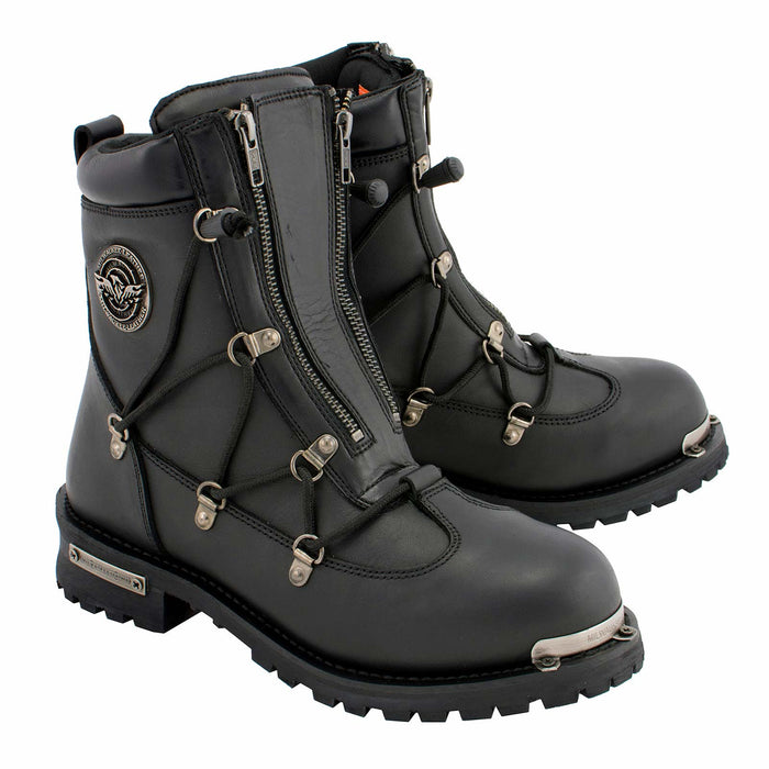 MBM9075 6-inch Plain Toe Dual Zipper Leather Motorcycle Boots Black