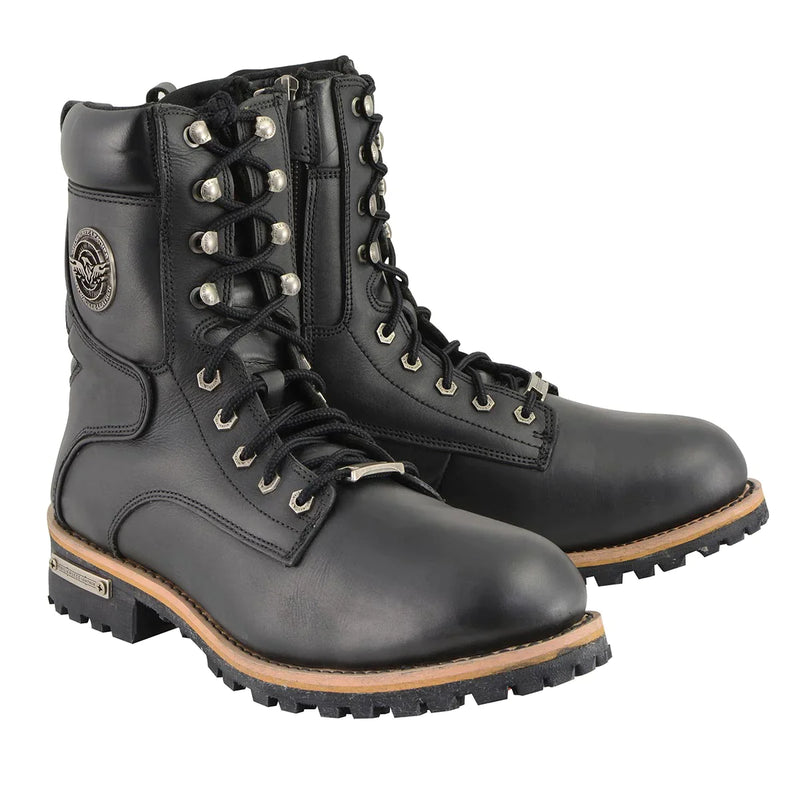 Men’s Classic Black Logger Lace-Up Boots with Side Zipper