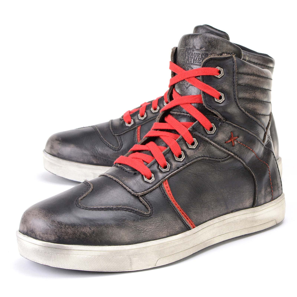 Distressed Leather High-Top Riding Shoes Brown Red Laces