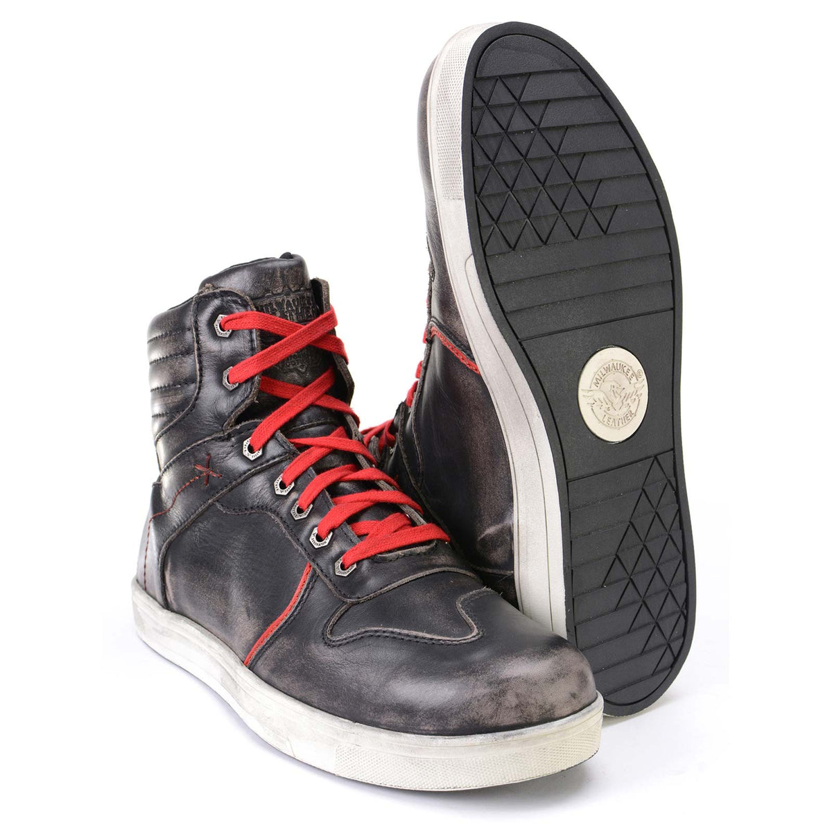 Distressed Leather High-Top Riding Shoes Brown Red Laces
