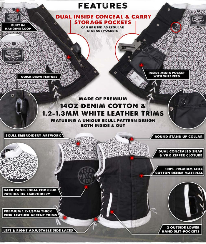 Women's 'Skelly' Black with White Motorcycle Denim Vest w/ Skull Embroidery