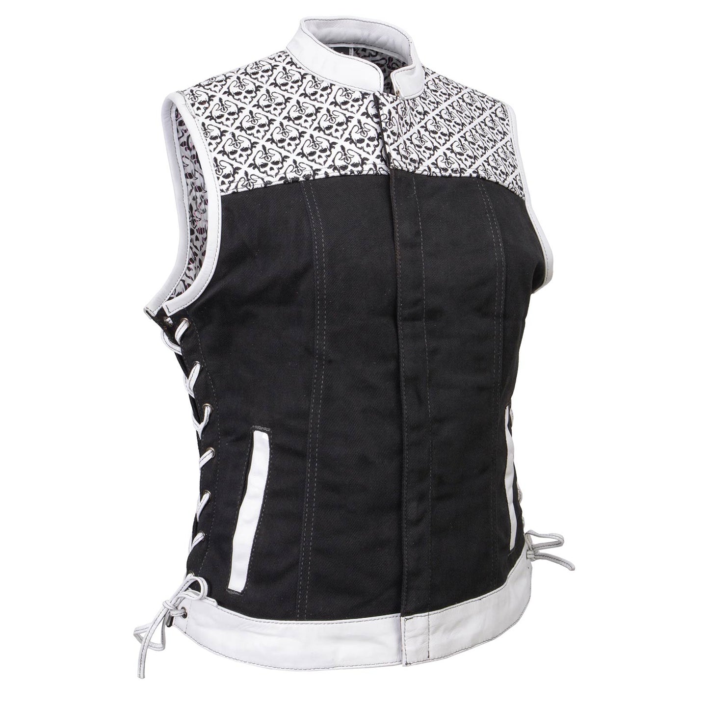 Women's 'Skelly' Black with White Motorcycle Denim Vest w/ Skull Embroidery