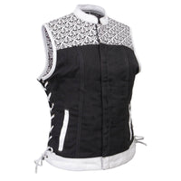Women's 'Skelly' Black with White Motorcycle Denim Vest w/ Skull Embroidery