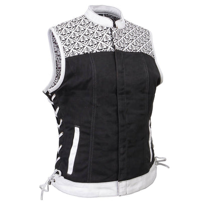 Women's 'Skelly' Black with White Motorcycle Denim Vest w/ Skull Embroidery