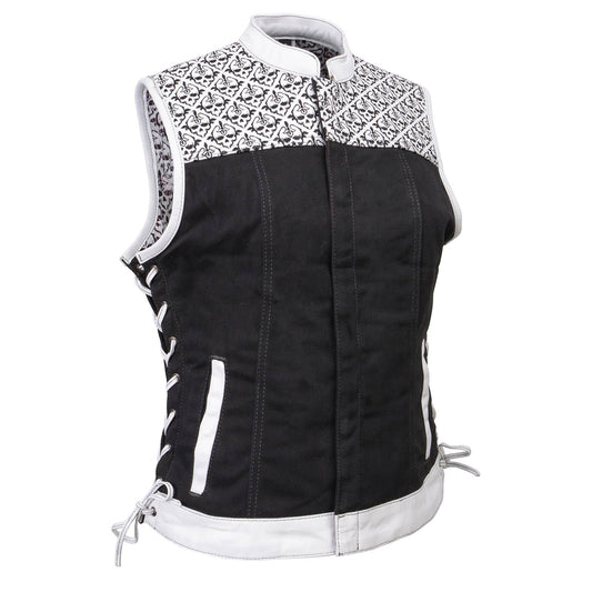 Women's 'Skelly' Black with White Motorcycle Denim Vest w/ Skull Embroidery